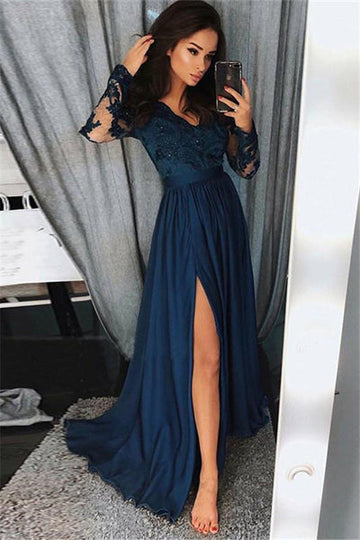 TRENDY LONG SLEEVES LACE BEADS PROM PARTY GOWNS| FRONT SPLIT PROM PARTY GOWNS HZ1023